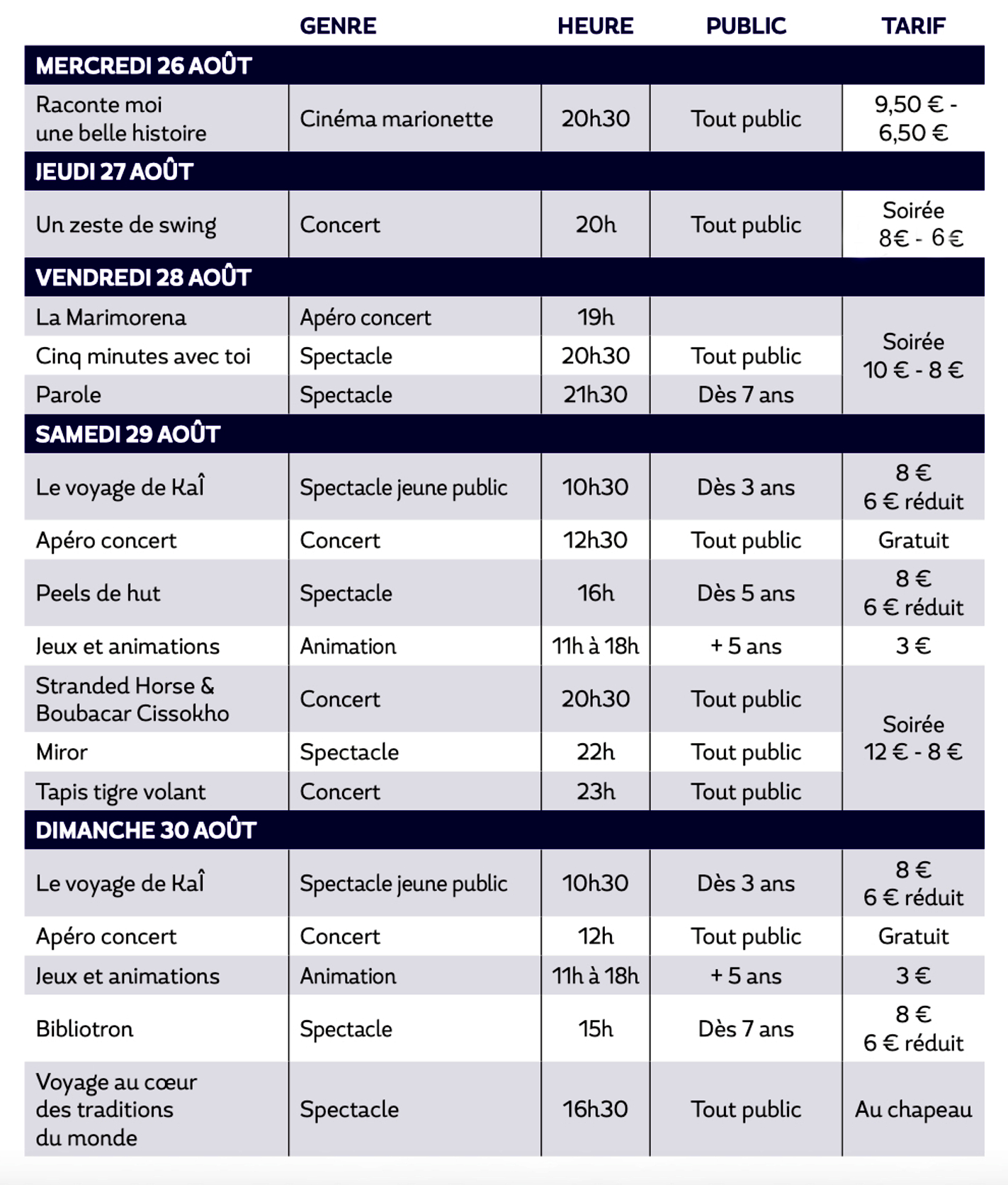 horaires et tarifs